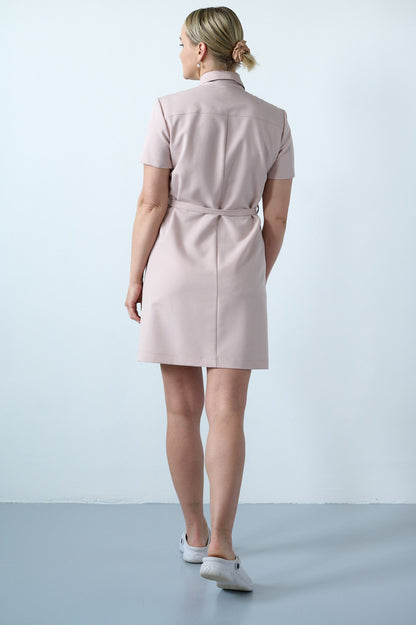GRAYISH PINK COSMETOLOGY GOWN-DRESS WITH A STRAP IN THE FRONT