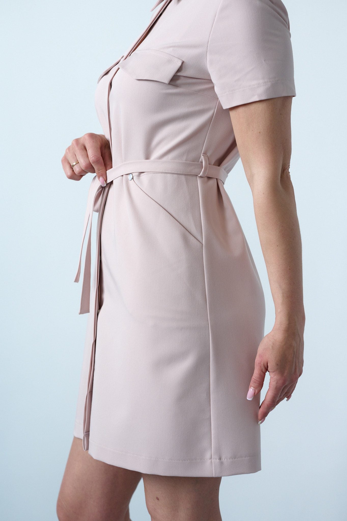 GRAYISH PINK COSMETOLOGY GOWN-DRESS WITH A STRAP IN THE FRONT