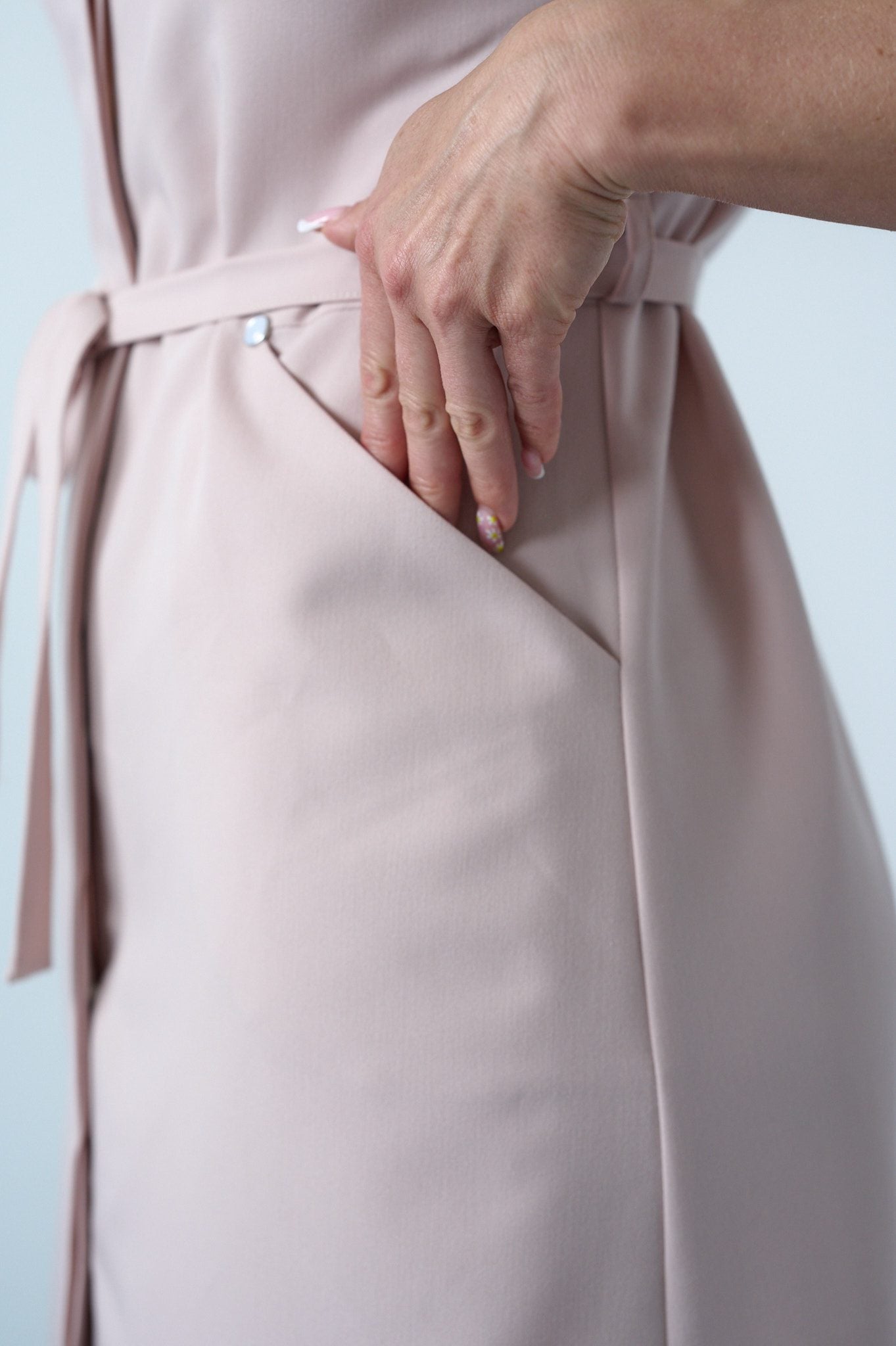 GRAYISH PINK COSMETOLOGY GOWN-DRESS WITH A STRAP IN THE FRONT